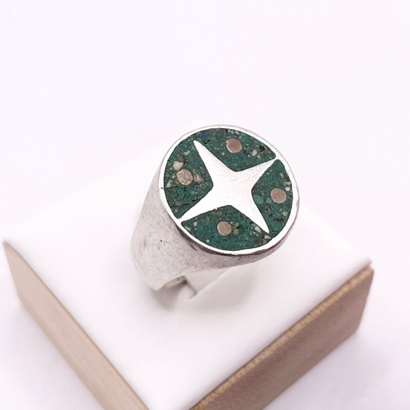 Size 8 Taxco Crushed turquoise 925 Sterling Silver Ring - Picture 4 of 10